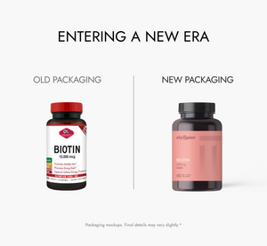 Comparison of old and new biotin supplement packaging on a white background.