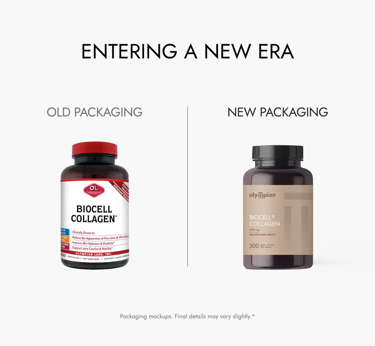 Comparison of old and new Biocell Collagen packaging on a white background.