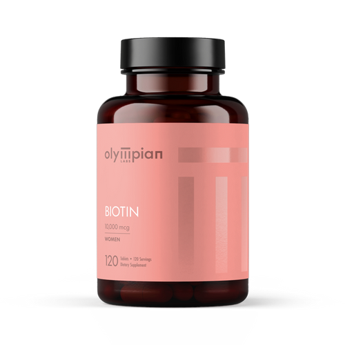 Supplement bottle labeled Biotin by Olympian on a white background