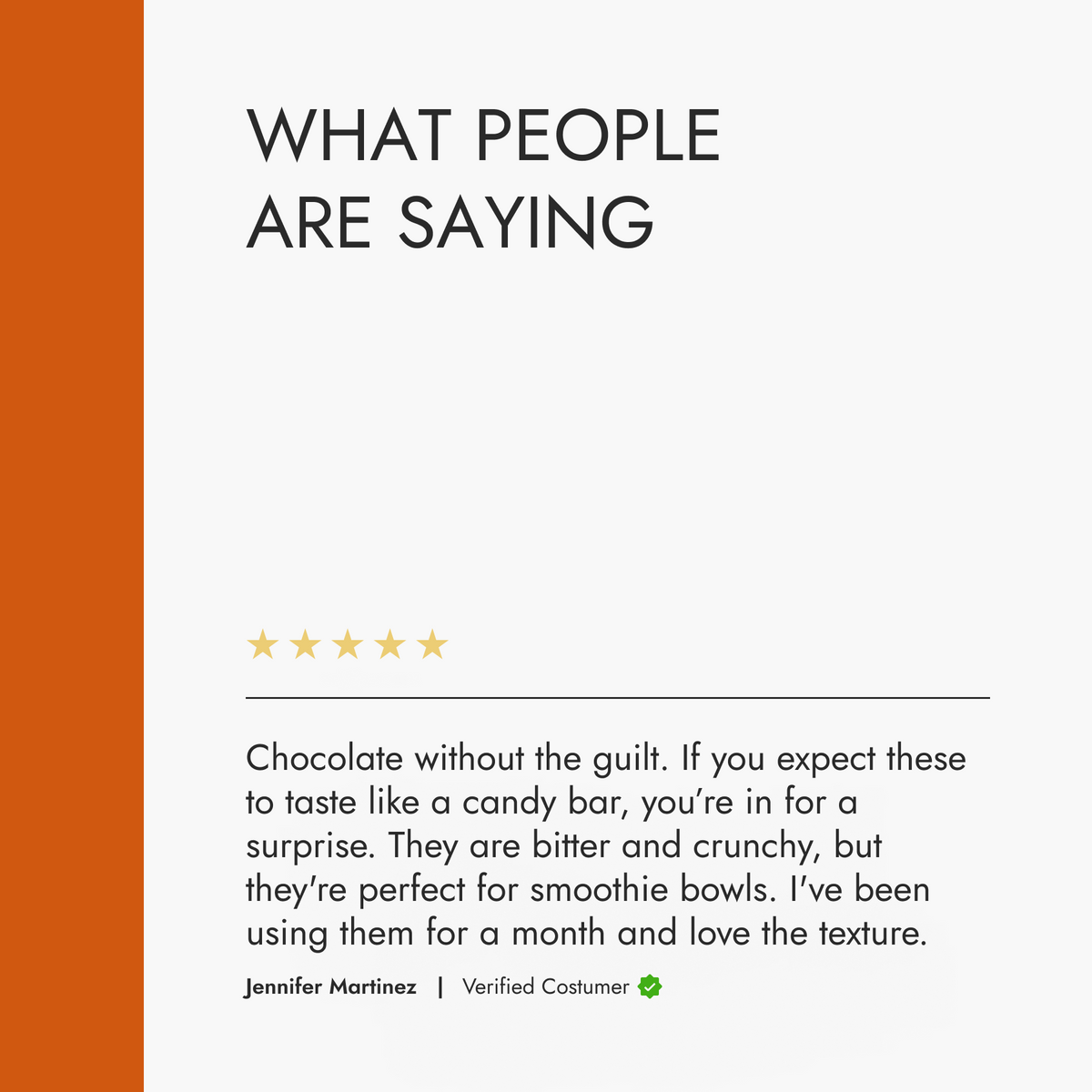 Product review section with a star rating and customer comment on a white background.