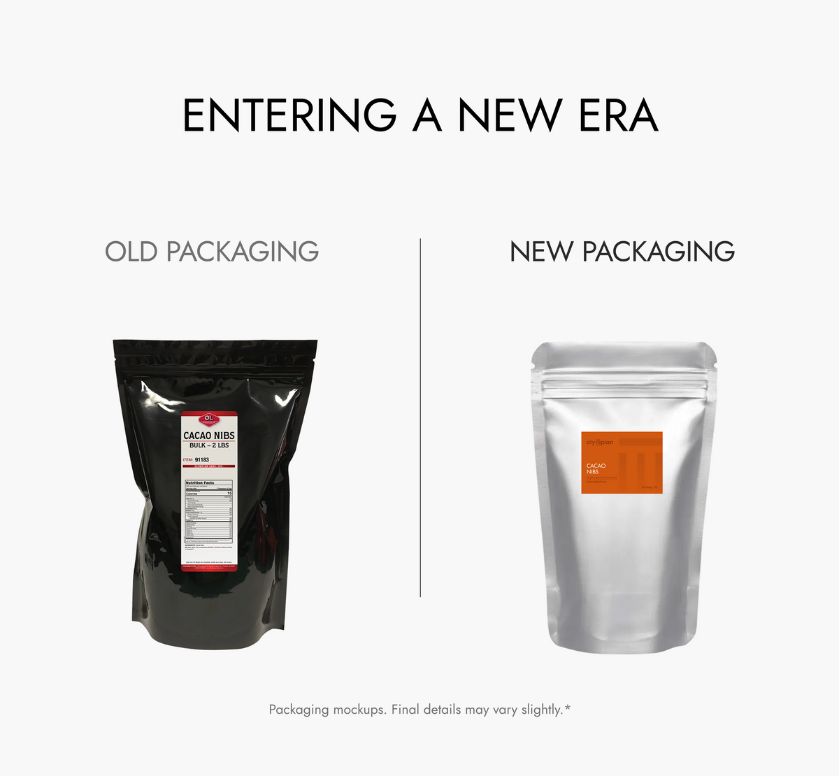 Comparison of old and new packaging designs on a white background.