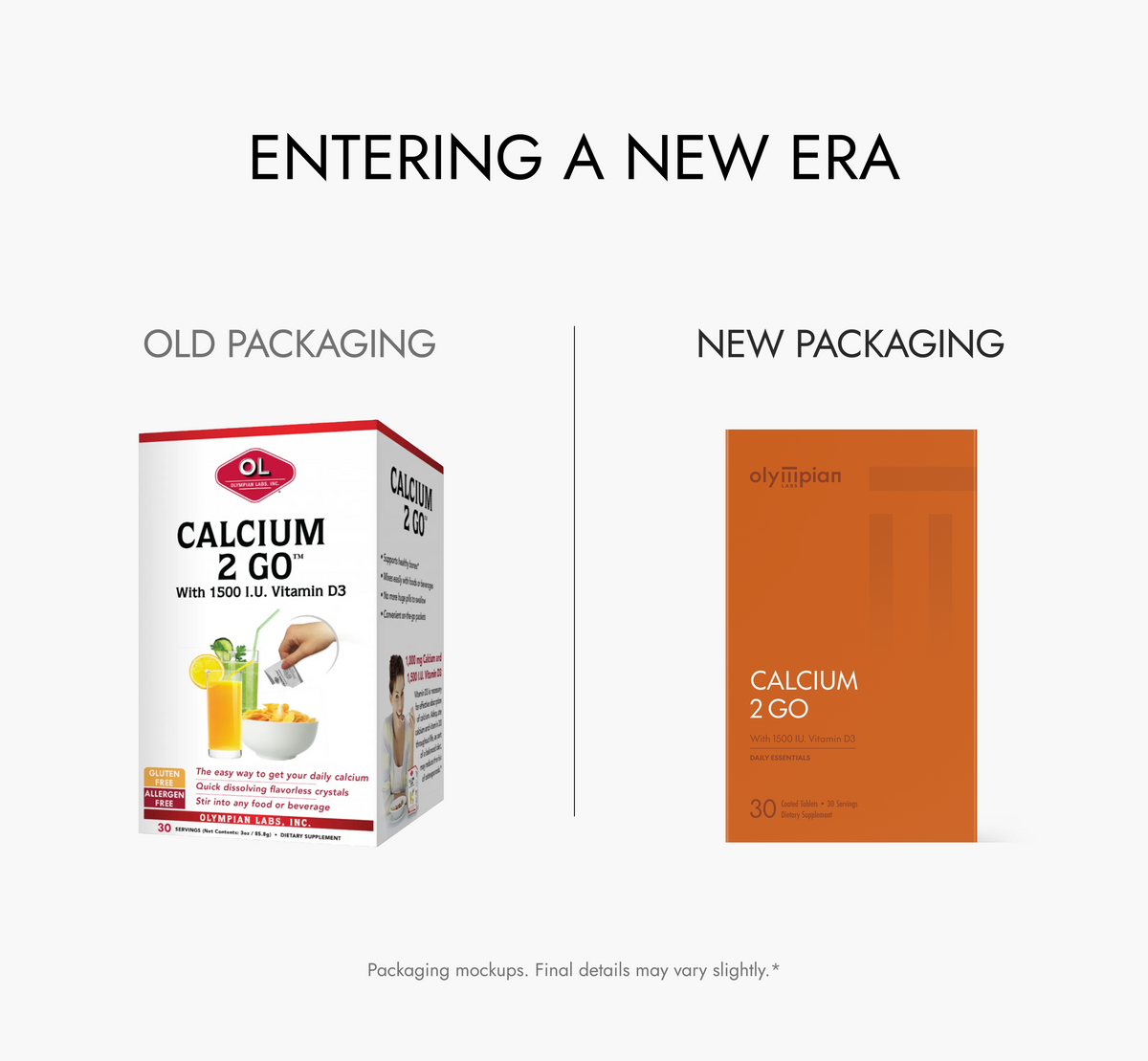 Comparison of old and new packaging for Olympian Labs Calcium 2 Go supplement.