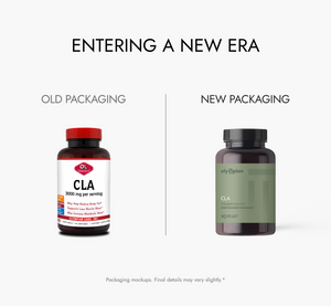 Comparison of old and new supplement bottle packaging on a white background.