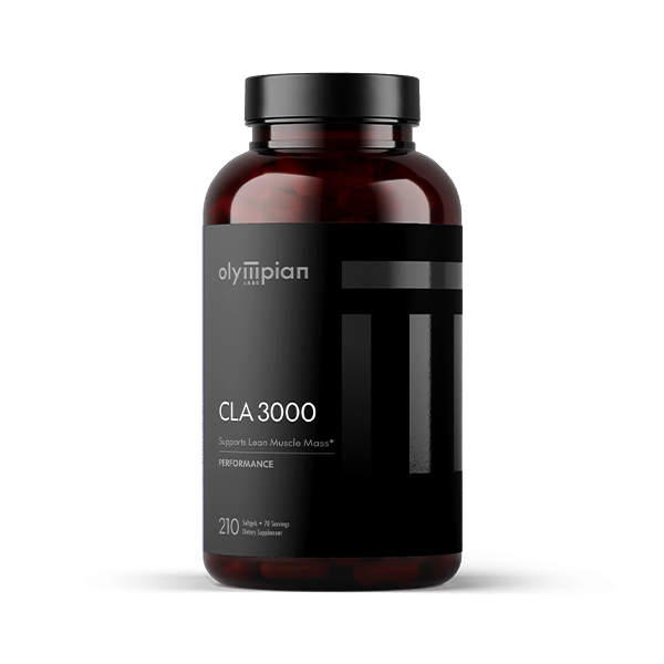 Supplement bottle labeled 'CLA 3000' by Olympian on a white background