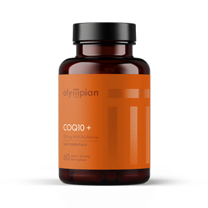 Supplement bottle labeled 'olympian' with 'COQ10+' on an orange label against a white background