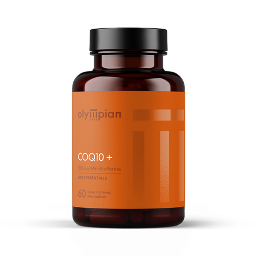 Supplement bottle labeled 'olympian' with 'COQ10+' on an orange label against a white background