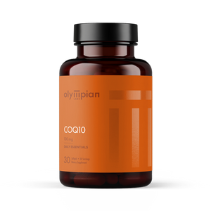 Supplement bottle labeled 'CoQ10' with orange label and black cap on a white background