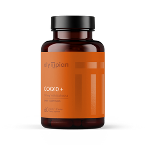 Supplement bottle labeled 'olympiian COQ10+' on a white background