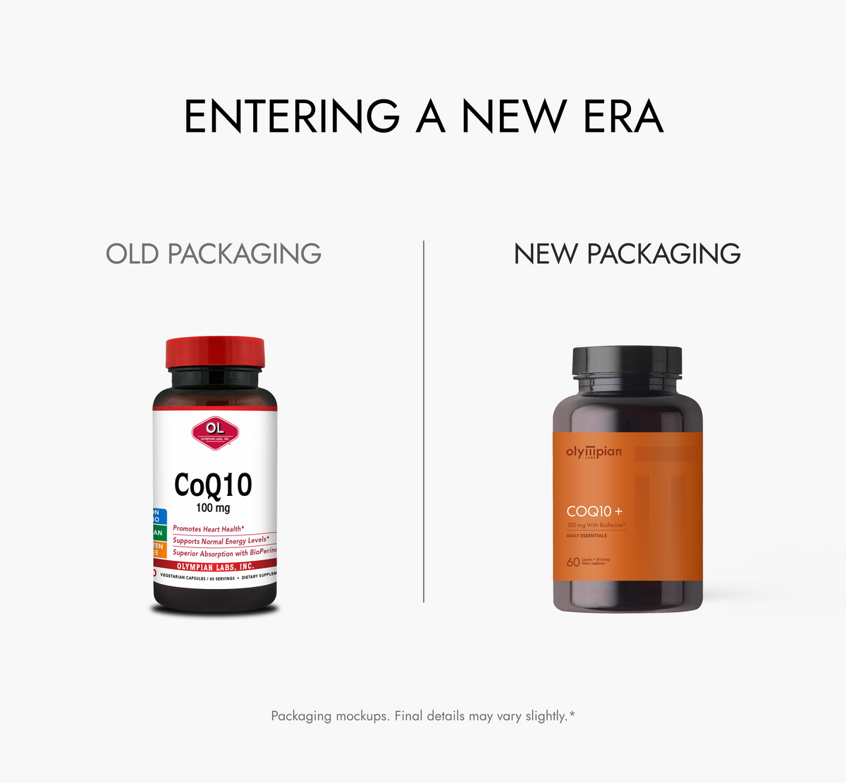 Comparison of old and new CoQ10 supplement packaging on a white background.