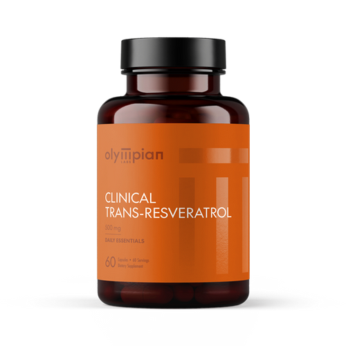 Bottle of Olympian Labs Clinical Resveratrol supplement on a white background