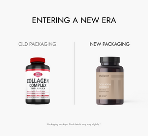 Comparison of old and new packaging for a collagen complex supplement on a white background.