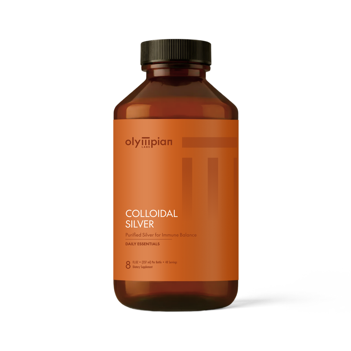 Brown bottle of Olympian Labs Colloidal Silver on a white background