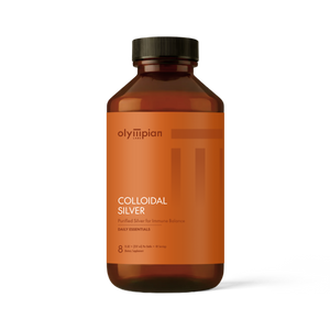 Brown bottle of Olympian Labs Colloidal Silver on a white background