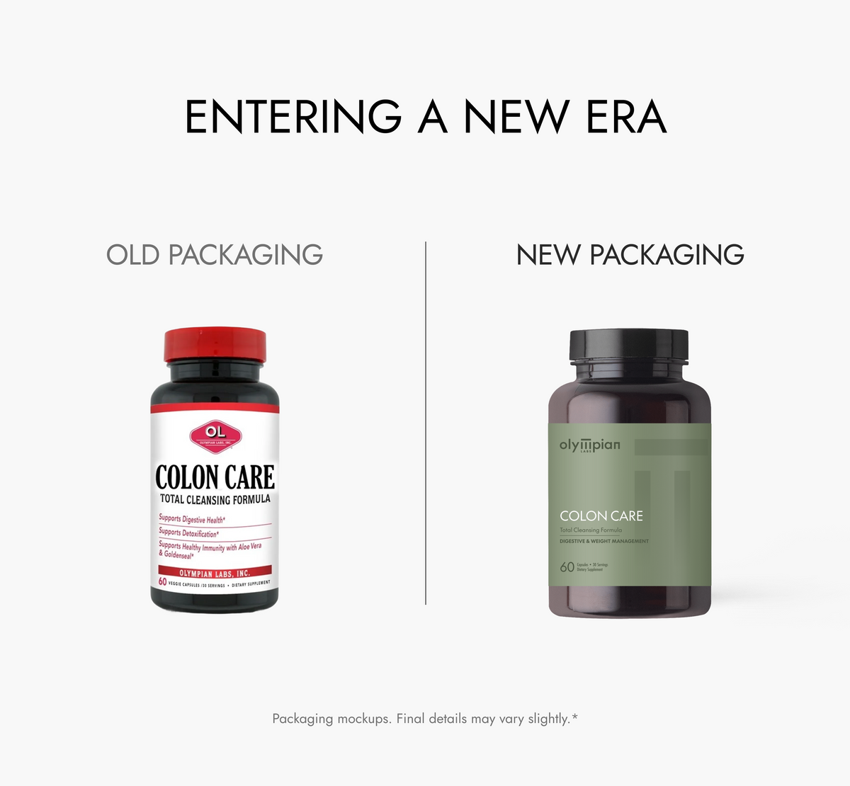 Comparison of old and new packaging for Olympian Labs Colon Care supplement bottles.