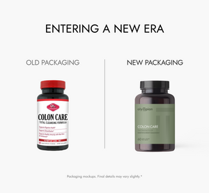 Comparison of old and new packaging for Olympian Labs Colon Care supplement bottles.