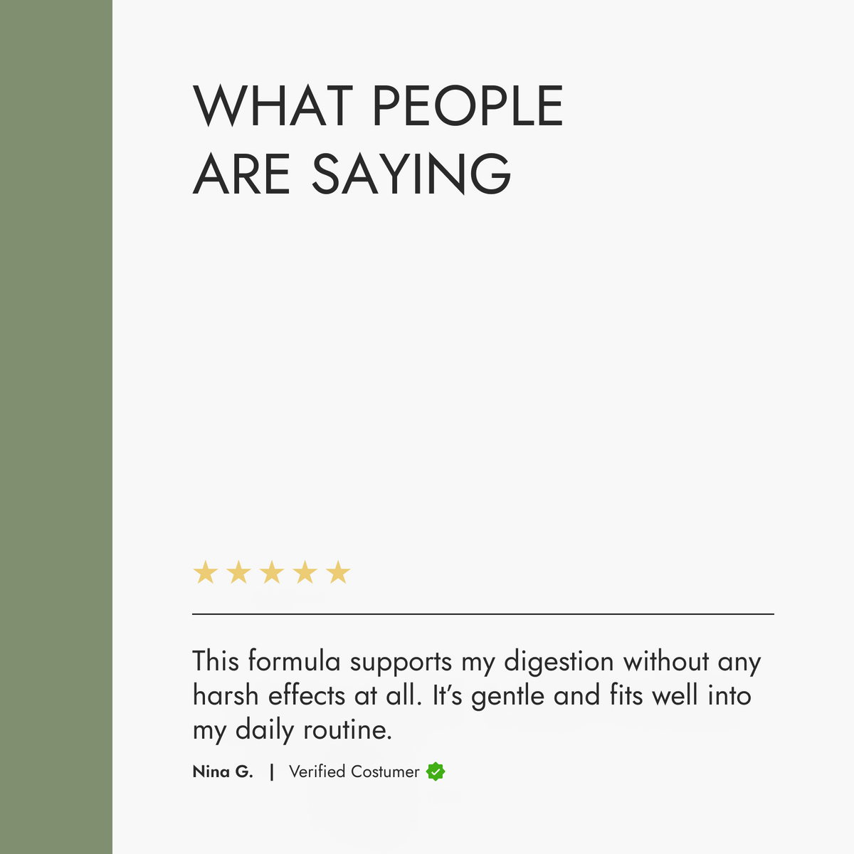 Product review section with a five-star rating and customer comment on a white background.