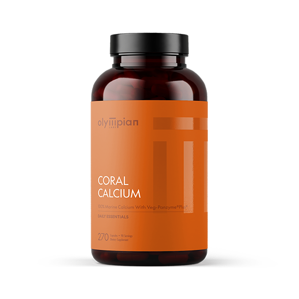 Amber supplement bottle with orange label on a white background