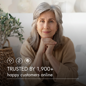 Woman sitting on a couch with text about customer trust
