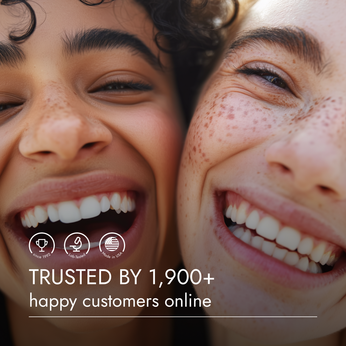 Two people smiling with a text overlay about customer trust.