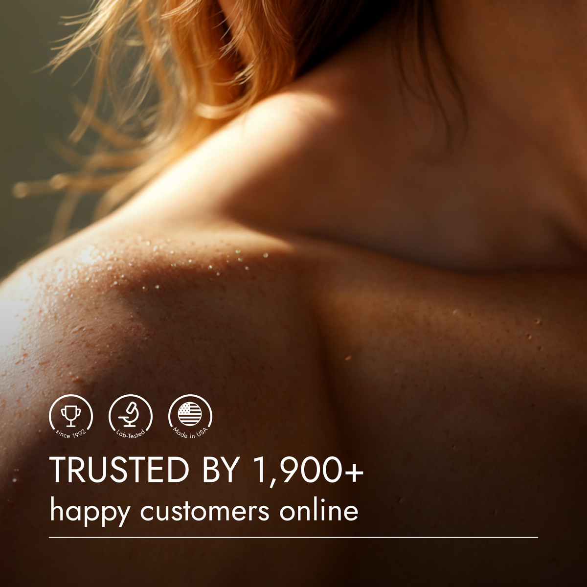 Close-up of a person's shoulder with sunburn, text indicating trustworthiness, and icons.