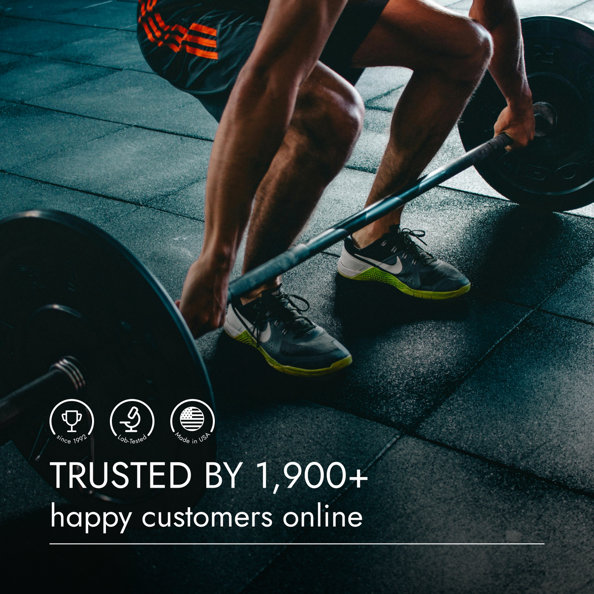 Person lifting a barbell in a gym setting with text about customer trust.