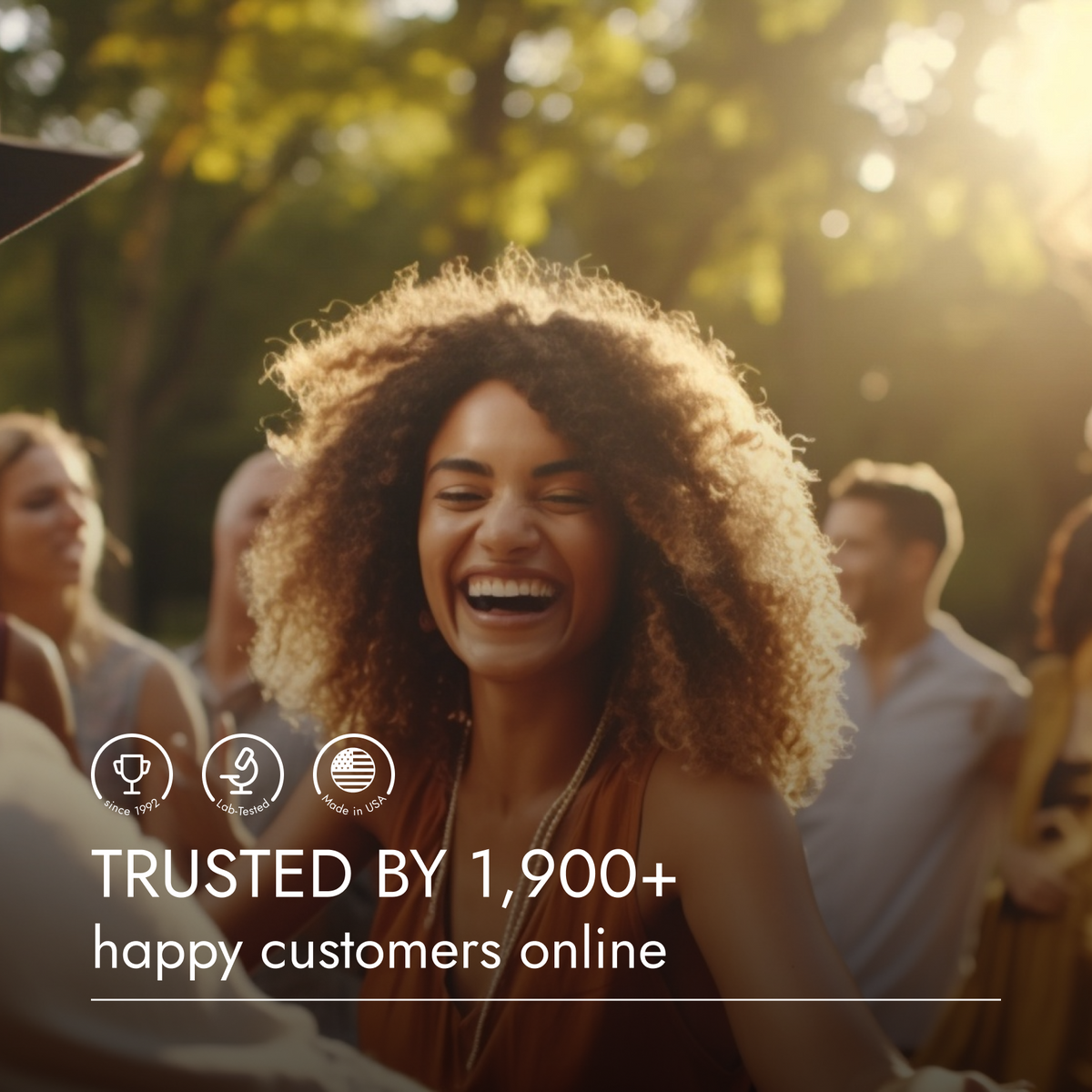 Woman laughing outdoors with text about customer trust