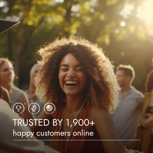 Woman laughing outdoors with text about customer trust