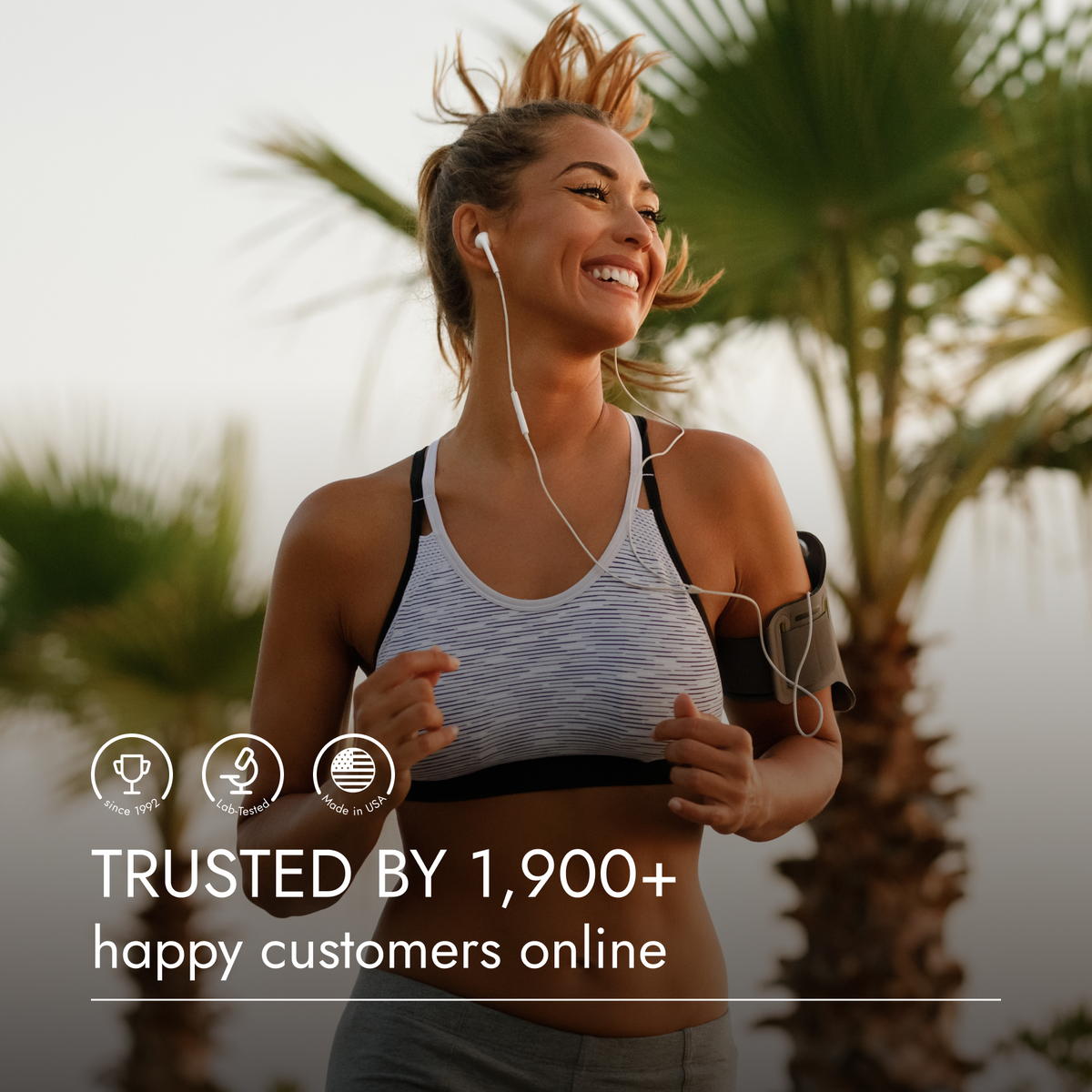 Woman running outdoors with palm trees in the background, text indicating trustworthiness.