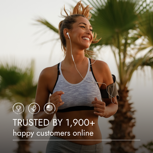Woman running outdoors with palm trees in the background, text indicating trustworthiness.