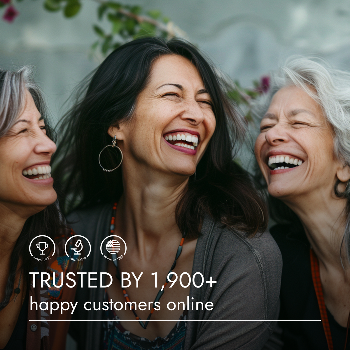 Three women laughing together with a text overlay about customer trust.