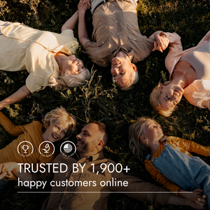 Family of six lying on grass with text about customer trust