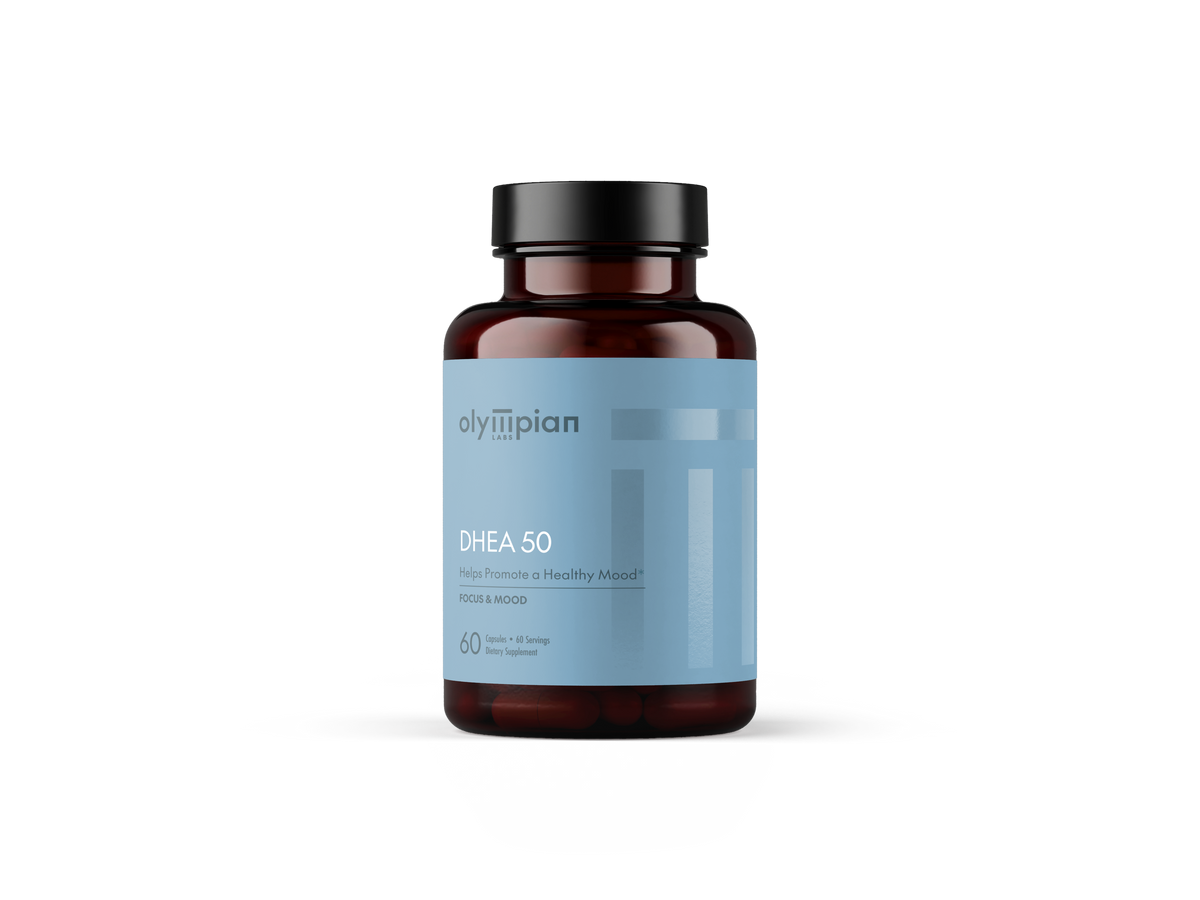 Supplement bottle with blue label on a white background