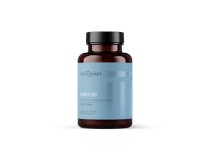 Supplement bottle with blue label on a white background