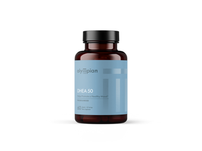 Supplement bottle with blue label on a white background