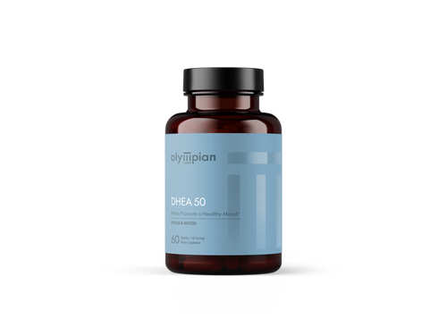 Supplement bottle with blue label on a white background