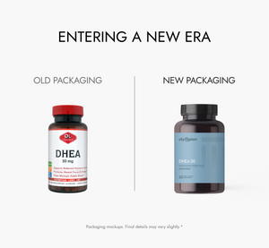 Comparison of old and new DHEA supplement packaging on a white background.