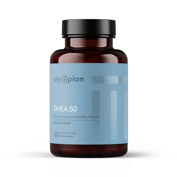 Supplement bottle labeled 'olympian' with 'DHEA 50' on a white background