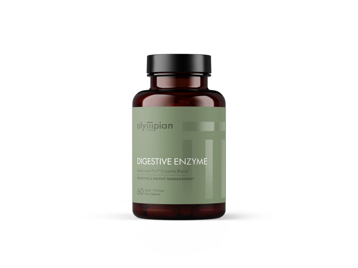Olympian Labs digestive enzyme supplement bottle on a white background