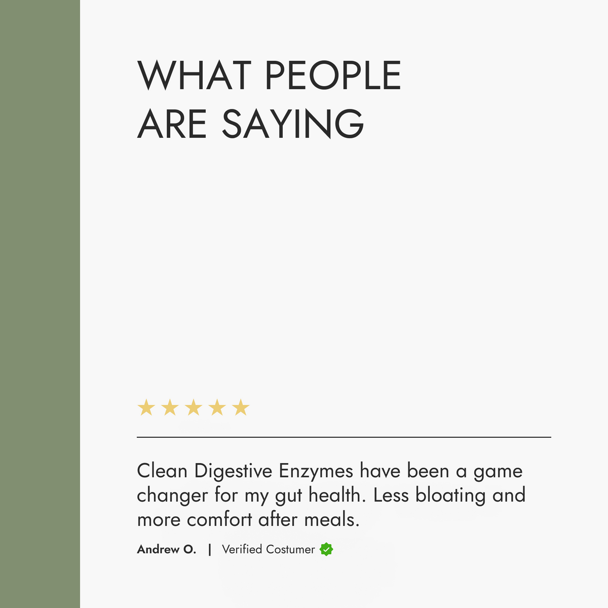 Product review section with a five-star rating and customer testimonial for Clean Digestive Enzymes.
