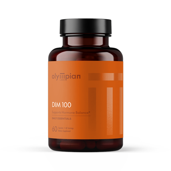Supplement bottle labeled 'DIM 100' by Olympian on an orange label with a white background.
