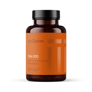 Supplement bottle labeled 'DIM 100' by Olympian on an orange label with a white background.