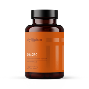 Supplement bottle labeled 'DIM 250' by olyllipian on an orange label with a white background.