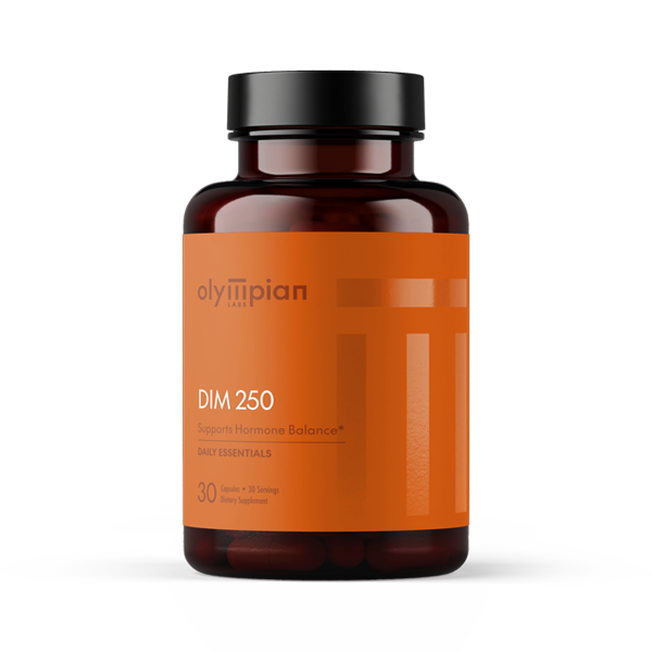 Supplement bottle labeled 'DIM 250' by olyllipian on an orange label with a white background.