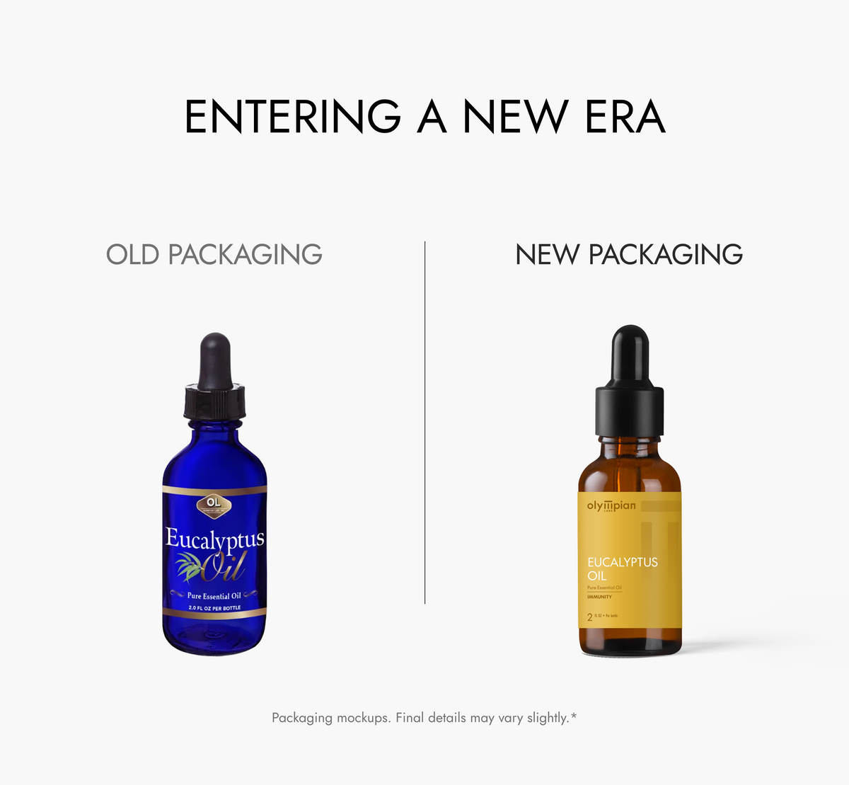 Comparison of old and new Eucalyptus oil packaging on a white background.