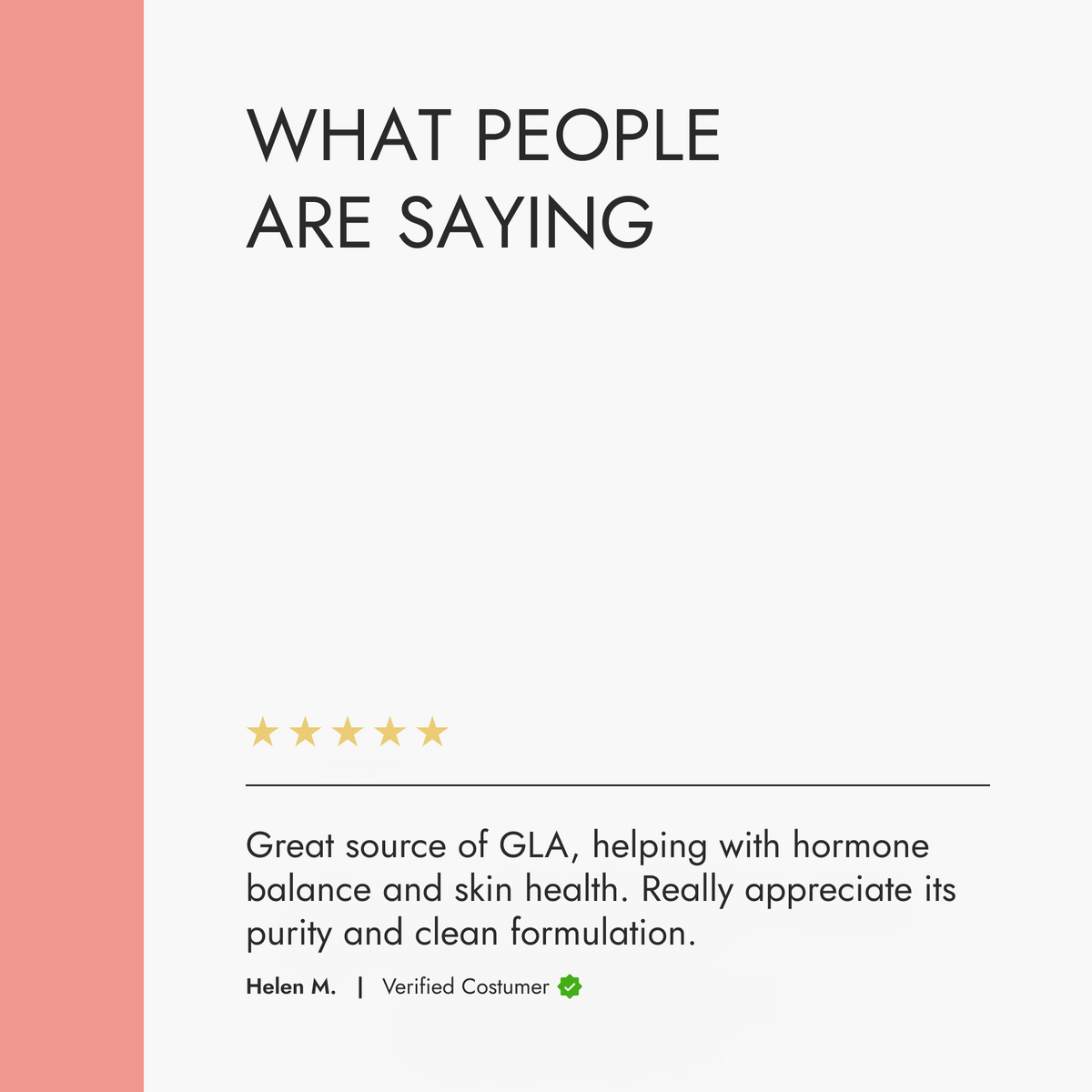 Product review section with a five-star rating and customer comment on a white background with red sidebar.