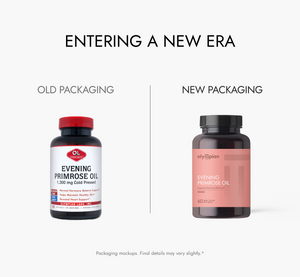 Comparison of Olympian Labs Evening Primrose Oil packaging between old and new designs.