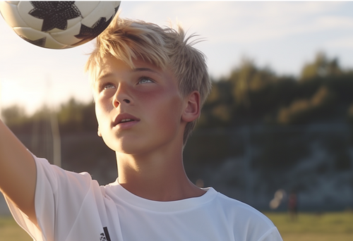 Young boy juggling a soccer ball outdoors on a sunny day