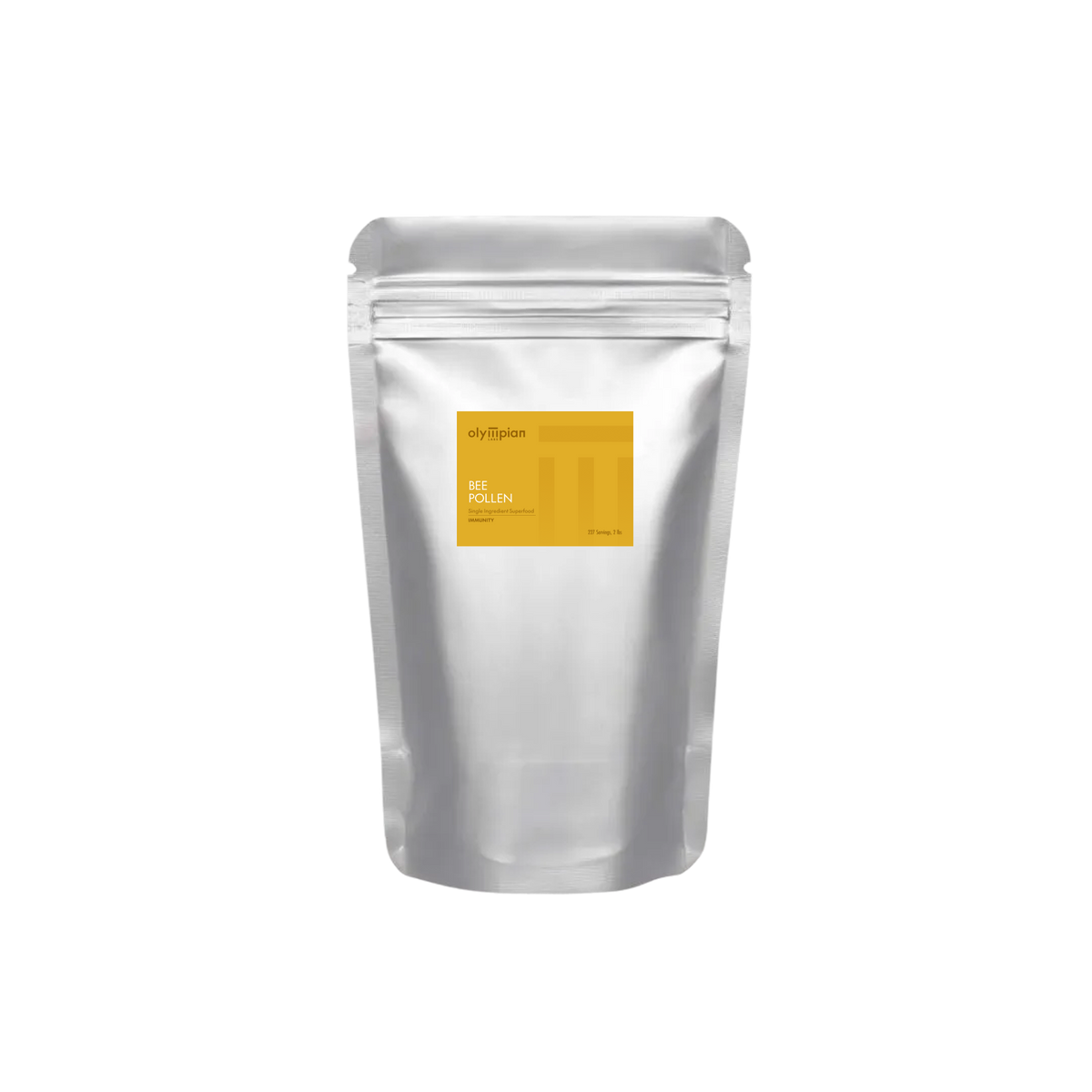 Silver packaging with a yellow label on a white background