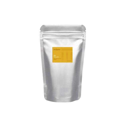 Silver packaging with a yellow label on a white background