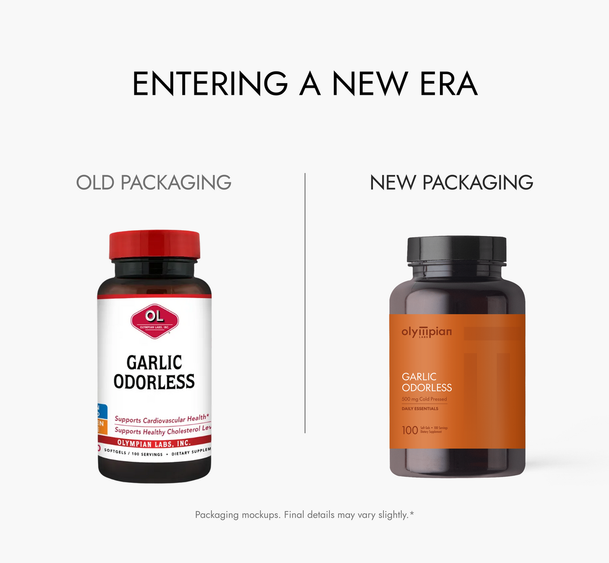 Comparison of old and new Garlic Odorless supplement packaging on a white background.